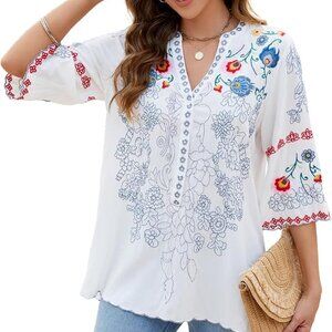 Mexican Shirts Peasant Blouses Cotton Embroidered 3/4 Sleeve Summer V Neck Tunic